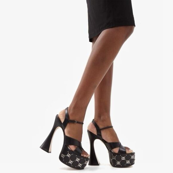 GUCCI Janaya Black GG Studded Platform Heels Size 38 US 8 Sandals Leather - Picture 3 of 12